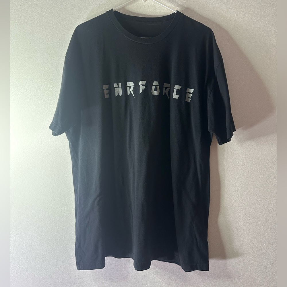 Black Enrforce Graphic Tee with gray lettering size XL with Measurements Below